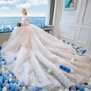 Style Chinois Ivoire Perlage Robe De Mariée 2019 Princesse Col Haut Noeud Perle En Dentelle Fleur Faux Diamant Gland Paillettes 3 4 Manches Royal Train
