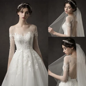 Elegant Ivory Wedding Dresses 2019 A Line Princess Scoop Neck Sequins Lace Flower 1 2 Sleeves Backless Floor Length Long
