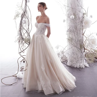 Sexy Champagner Brautkleider Hochzeitskleider 2019 A Linie Off Shoulder Spitze Blumen Pailletten Ärmellos Rückenfreies Lange
