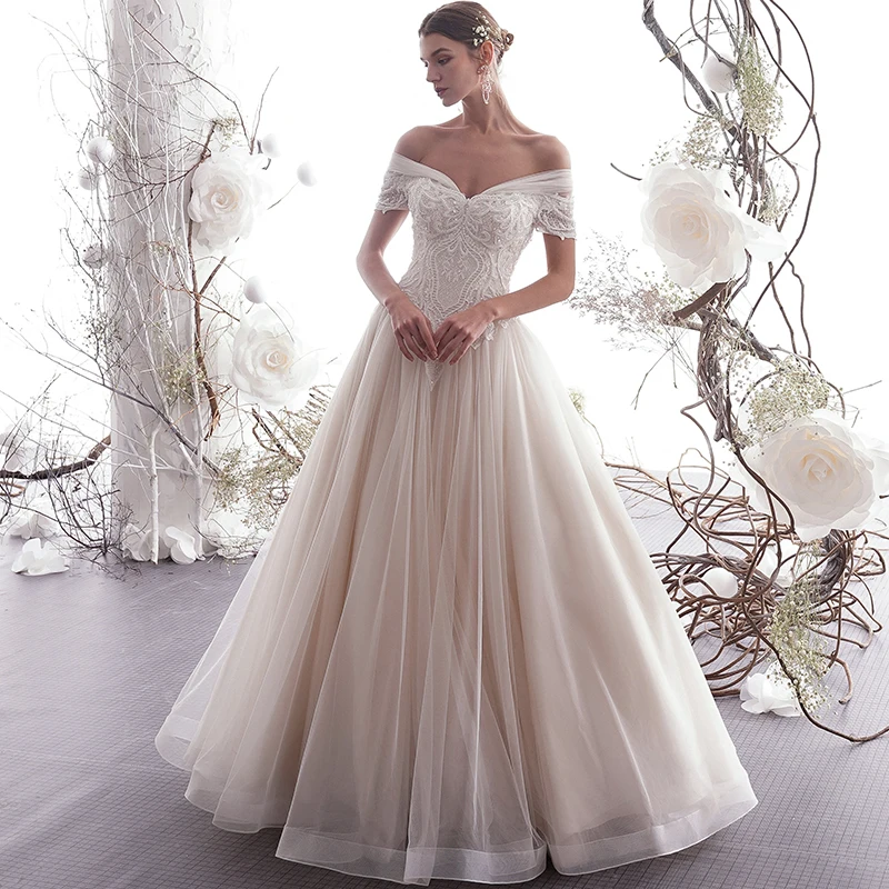 Elegant Champagne Wedding Dresses 2019 A Line Princess Off The Shoulder  Beading Lace Flower Short Sleeve Backless Floor Length Long
