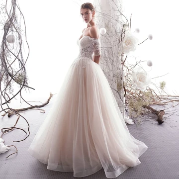 Charming Champagne Wedding Dresses 2019 A Line Princess Off The Shoulder Beading Lace Flower Short Sleeve Backless Floor Length Long