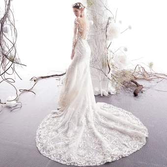 Charming Ivory Wedding Dresses 2019 Trumpet Mermaid See Through Scoop Neck Beading Lace Flower 3 4 Sleeve Chapel Train