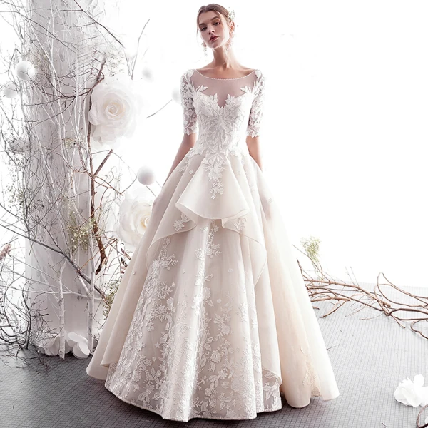 Luxury / Gorgeous Champagne Wedding Dresses 2019 A-Line / Princess Scoop Neck Beading Lace Flower 1/2 Sleeves Backless Floor-Length / Long