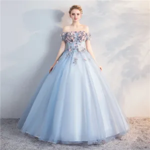 Chic Belle Bleu Ciel Quinceañera Robe De Bal 2018 Robe Boule Appliques Perle De L Épaule Dos Nu Manches Courtes Longue Robe De Ceremonie