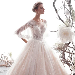 Élégant Champagne Robe De Mariée 2019 Princesse Manches Courtes Perlage En Dentelle Fleur Encolure Dégagée Dos Nu Longue