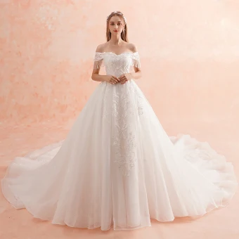 Charming Ivory Wedding Dresses 2019 A Line Princess Off The Shoulder Beading Tassel Lace Flower Appliques Pearl Short Sleeve Backless Royal Train