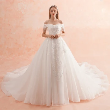 Charming Ivory Wedding Dresses 2019 A Line Princess Off The Shoulder Beading Tassel Lace Flower Appliques Pearl Short Sleeve Backless Royal Train