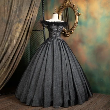 Vintage Retro Black Quinceañera Prom Dresses 2021 Ball Gown Ruffle Off The Shoulder Beading Sequins Lace Flower Sleeveless Backless Floor Length Long Formal Dresses
