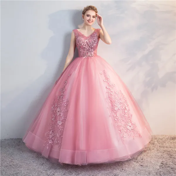 Chic / Beautiful Candy Pink Quinceañera Prom Dresses 2018 Ball Gown Lace Flower Pearl V-Neck Backless Sleeveless Floor-Length / Long Formal Dresses