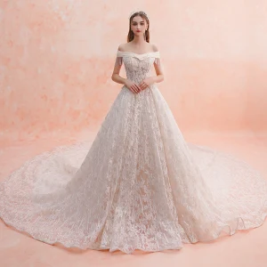 Charming Champagne Wedding Dresses 2019 A Line Princess Off The Shoulder Beading Tassel Lace Flower Sequins Short Sleeve Backless Royal Train