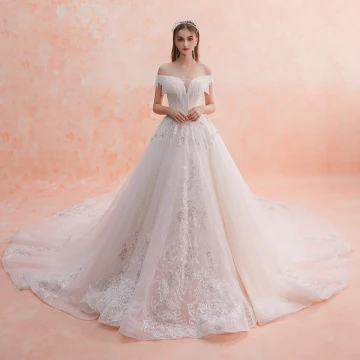 Charming Ivory Wedding Dresses 2019 A Line Princess Off The Shoulder Beading Tassel Lace Flower Sequins Short Sleeve Backless Royal Train