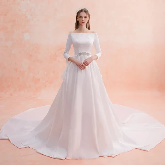 Elegant Ivory Wedding Dresses 2019 A Line Princess Off The Shoulder Pearl Rhinestone 3 4 Sleeve Backless Bow Royal Train