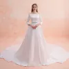 Elegant Ivory Wedding Dresses 2019 A-Line / Princess Off-The-Shoulder Pearl Rhinestone 3/4 Sleeve Backless Bow Royal Train