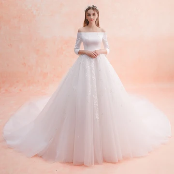 Elegant Ivory Wedding Dresses 2019 A Line Princess Off The Shoulder Lace Flower 3 4 Sleeve Backless Royal Train