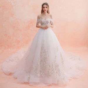 Elegant White Wedding Dresses 2019 A Line Princess Off The Shoulder Beading Tassel Lace Flower Short Sleeve Backless Royal Train