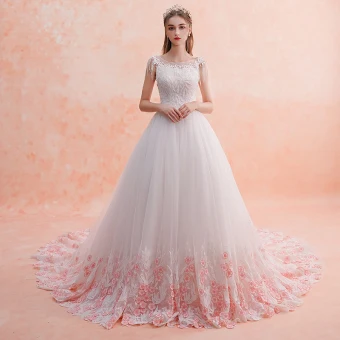 Mooie Prachtige Witte Trouwjurken 2019 A Lijn Ronde Hals Kralen Kwast Kant Bloem Candy Roze Appliques Mouwloos Ruglooze Royal Train