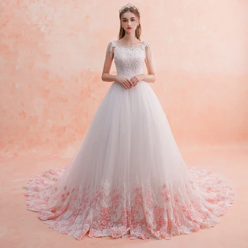 Chic Belle Blanche Robe De Mariée 2019 Princesse Encolure Dégagée Perlage Gland En Dentelle Fleur Rose Bonbon Appliques Sans Manches Dos Nu Royal Train