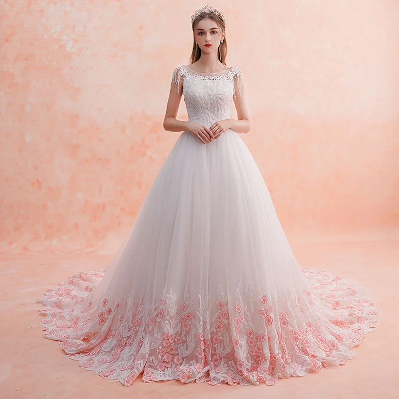 Chic Beautiful White Wedding Dresses 2019 A Line Princess Scoop Neck  Beading Tassel Lace Flower Candy Pink Appliques Sleeveless Backless Royal  Train