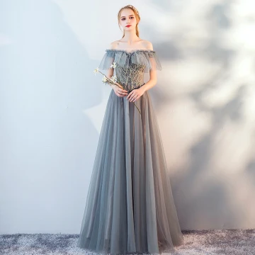 Modern Fashion Grey Lace Flower Evening Dresses 2019 A Line Princess Off The Shoulder Beading Short Sleeve Backless Floor Length Long Formal Dresses