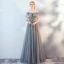 Modern / Fashion Grey Lace Flower Evening Dresses  2019 A-Line / Princess Off-The-Shoulder Beading Short Sleeve Backless Floor-Length / Long Formal Dresses