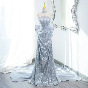 Scintillantes Sexy Argenté Perlage Perle Paillettes Robe De Soirée 2024 Trompette Sirène Bustier Sans Manches Dos Nu Noeud Longue Soirée