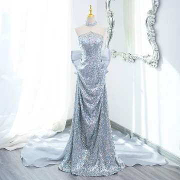 Sparkly Sexy Silver Beading Pearl Sequins Evening Dresses 2024 Trumpet Mermaid Strapless Sleeveless Backless Bow Floor Length Long Evening Party