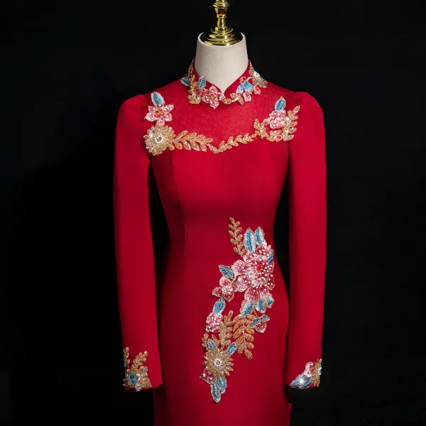 Vintage / Retro Burgundy Beading Sequins Lace Flower Evening Dresses 2025 Trumpet / Mermaid High Neck Long Sleeve Floor-Length / Long Evening Party Formal Dresses