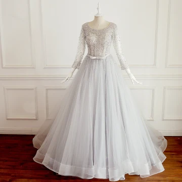 Luxe Gris Robe De Bal 2018 Princesse Noeud Fait Main Perlage Paillettes Encolure Dégagée Dos Nu Manches Longues Chapel Train Robe De Ceremonie