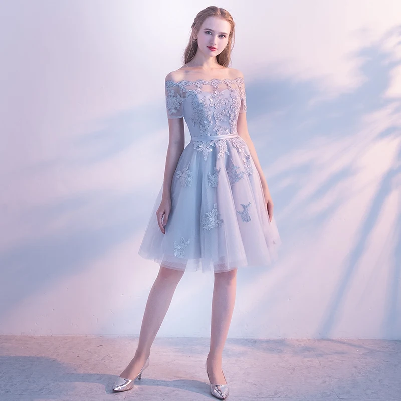 Chic / Beautiful Grey Graduation Dresses 2019 A-Line / Princess Off-The-Shoulder Lace Flower Sash Short Sleeve Backless Knee-Length Formal Dresses