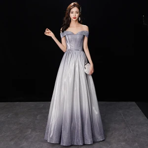 Chic Belle Dégradé De Couleur Argenté Glitter Robe De Soirée 2019 Princesse De L Épaule Manches Courtes Dos Nu Longue Robe De Ceremonie