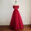 Chic / Beautiful Red Prom Dresses 2018 A-Line / Princess Crystal Beading Appliques Off-The-Shoulder Backless Short Sleeve Floor-Length / Long Formal Dresses