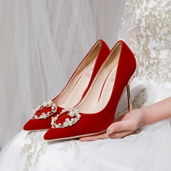 Chic Beautiful Red Pearl Rhinestone Wedding Shoes 2021 10 Cm Stiletto Heels Pointed Toe Wedding Pumps High Heels