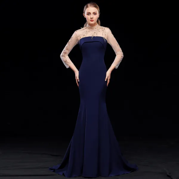 Chic / Beautiful Navy Blue Evening Dresses  2019 Trumpet / Mermaid High Neck Beading Long Sleeve Backless Sweep Train Formal Dresses