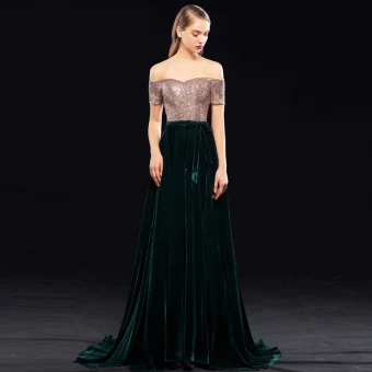 Chic Belle Vert Foncé Robe De Soirée 2019 Princesse De L Épaule Paillettes Daim Manches Courtes Dos Nu Train De Balayage Robe De Ceremonie