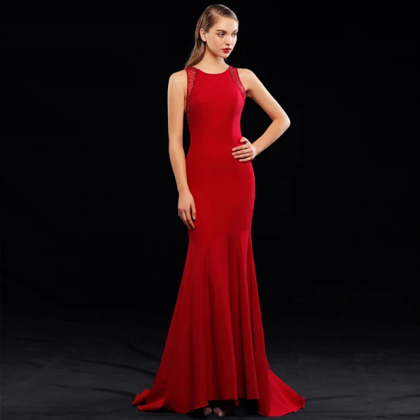 Chic / Beautiful Burgundy Evening Dresses  2019 Trumpet / Mermaid Scoop Neck Beading Sleeveless Sweep Train Formal Dresses