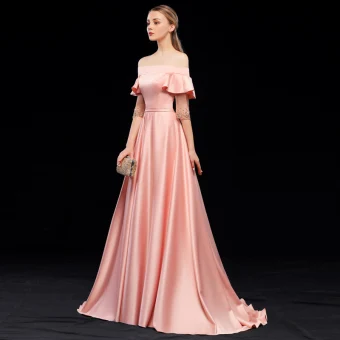 Simple Perle Rose Robe De Soirée 2019 Princesse De L Épaule Ceinture Manches Courtes Dos Nu Train De Balayage Robe De Ceremonie