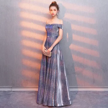 Moderne Mode Ciel Étoilé Violet Robe De Soirée 2019 Princesse De L Épaule Glitter Polyester Ceinture Manches Courtes Dos Nu Longue Robe De Ceremonie