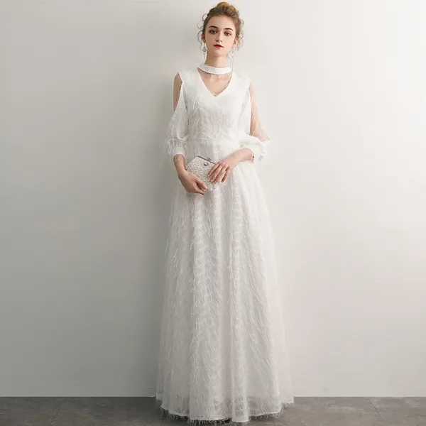 Elegant Ivory Evening Dresses  2019 A-Line / Princess Scoop Neck Tassel 3/4 Sleeve Floor-Length / Long Formal Dresses