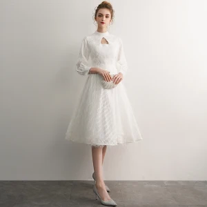 Elegant Ivory Homecoming Graduation Dresses 2019 A Line Princess High Neck Tassel 3 4 Sleeve Knee Length Formal Dresses