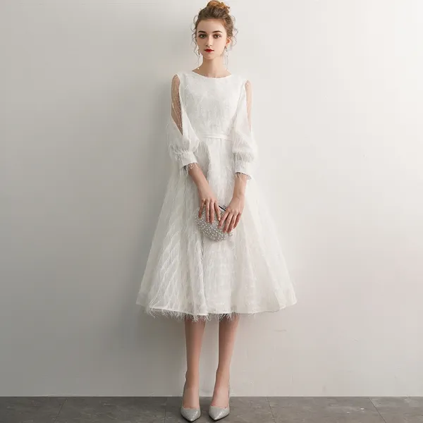 Elegant Ivory Homecoming Graduation Dresses 2019 A-Line / Princess Scoop Neck Tassel 3/4 Sleeve Tea-length Formal Dresses