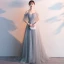 Élégant Gris Robe De Soirée 2019 Princesse Bretelles Spaghetti Perlage Cristal Manches Courtes Dos Nu Train De Balayage Robe De Ceremonie