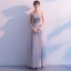 Elegant Grey Prom Dresses 2019 A-Line / Princess Off-The-Shoulder Lace Flower Pearl Backless Bow Sleeveless Floor-Length / Long Formal Dresses