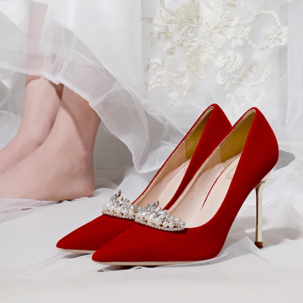 Chic / Belle Rouge Mariage Faux Diamant Chaussure De Mariée 2021 10 cm Talons Aiguilles À Bout Pointu Escarpins Talons Hauts
