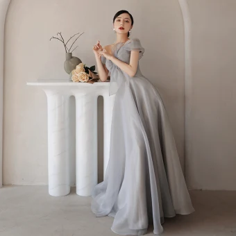 Simple Gris Robe De Soirée 2021 Princesse De L 039 Épaule Manches Courtes Dos Nu Soirée Longue Robe De Ceremonie