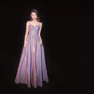 Charming Purple Starry Sky Evening Dresses 2019 A Line Princess Spaghetti Straps Glitter Polyester Sleeveless Backless Floor Length Long Formal Dresses
