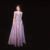 Uroczy Fioletowe Gwiaździste Niebo Sukienki Wieczorowe 2019 Princessa Spaghetti Pasy Cekinami Poliester Bez Rękawów Bez Pleców Długie Sukienki Wizytowe