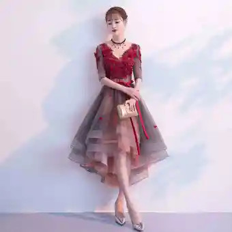 Moderne Mode Bordeaux Robe De Cocktail 2019 Princesse V Cou Appliques Noeud 1 2 Manches Dos Nu Asymétrique Robe De Ceremonie