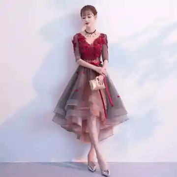 Moderne Mode Bordeaux Robe De Cocktail 2019 Princesse V Cou Appliques Noeud 1 2 Manches Dos Nu Asymétrique Robe De Ceremonie