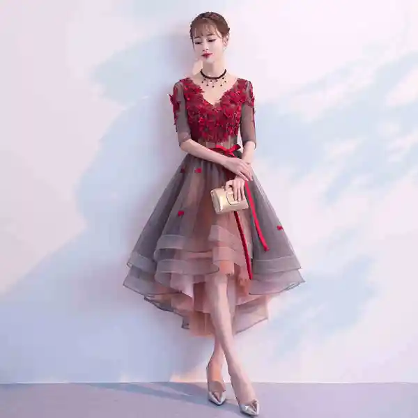 Modern / Fashion Burgundy Cocktail Dresses 2019 A-Line / Princess V-Neck Appliques Bow 1/2 Sleeves Backless Asymmetrical Formal Dresses