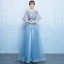 Elegant Pool Blue Prom Dresses 2019 A-Line / Princess Scoop Neck Appliques Lace Flower Pearl 1/2 Sleeves Backless Floor-Length / Long Formal Dresses